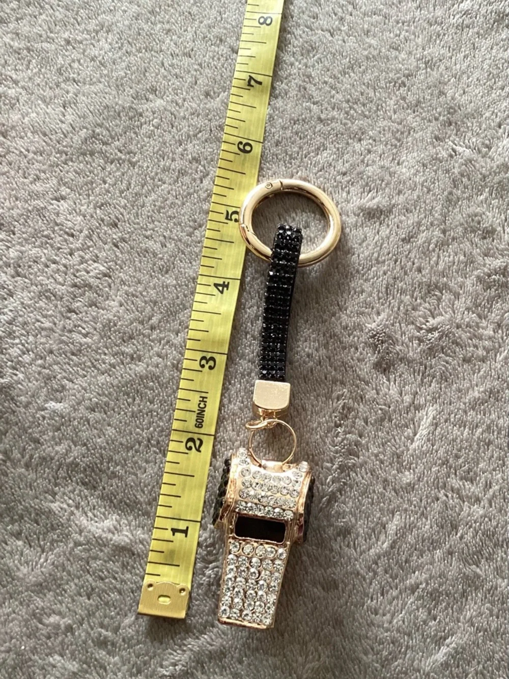 🪷 NIB Crystal Embellished Gold Working Whistle Keychain with Black Crystal Strap
